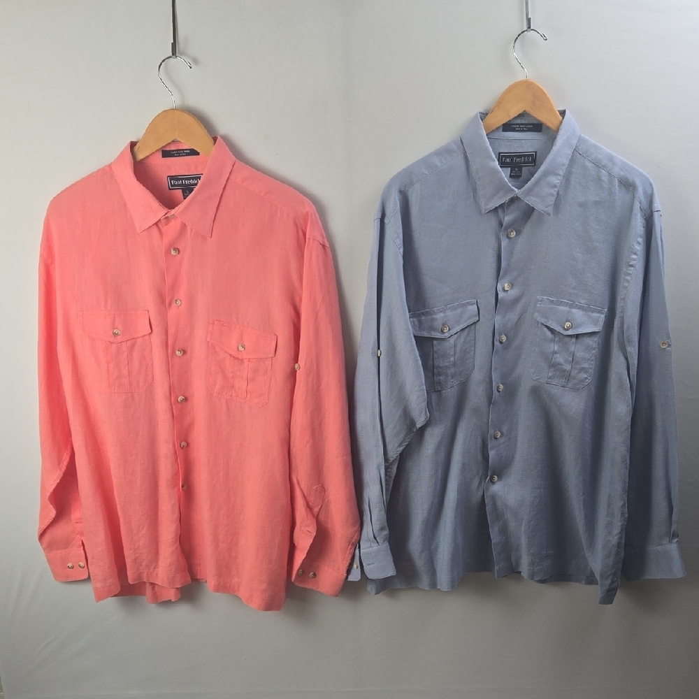 Paul Fredrick 100% Linen Button Down Shirt Lot-2 Sz XL Pink Blue Business Casual